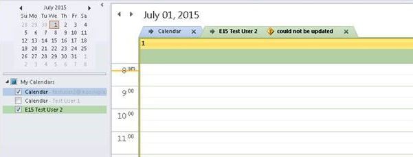 Skjermbilde som viser at brukeren ikke lenger kan vise Kalender-mappen og får en feilmelding.