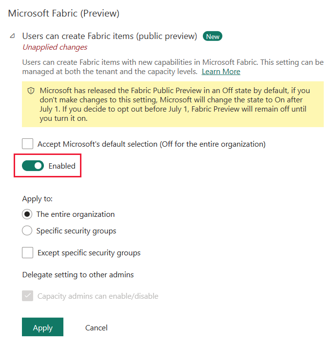 Skjermbilde av Microsoft Fabric-leierinnstillingen med brukerne kan opprette Fabric-elementer aktivert.
