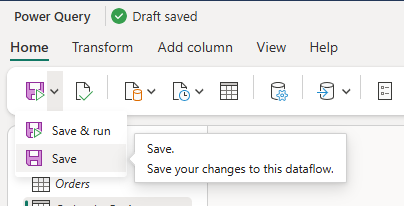 Skjermbilde av alternativene for å lagre en dataflyt i hjemfanen på båndet.