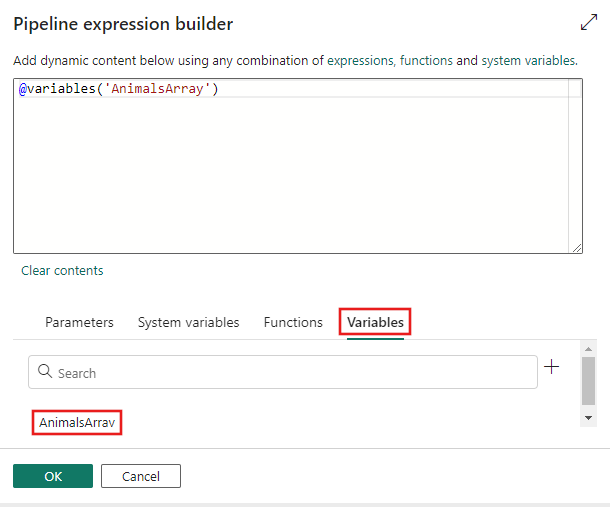 Screenshot showing the Pipeline expression builder with the previously created AnimalsArray selected.
