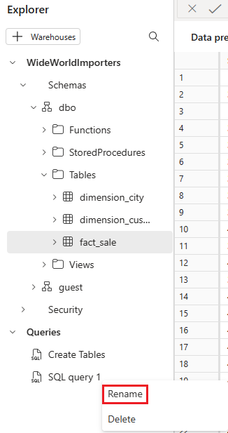 Screenshot of the Explorer pane, showing where to right-click on the table name and select Rename.