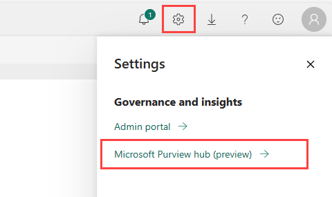 Skjermbilde av Microsoft Purview-hubkoblingen i Stoffinnstillinger.