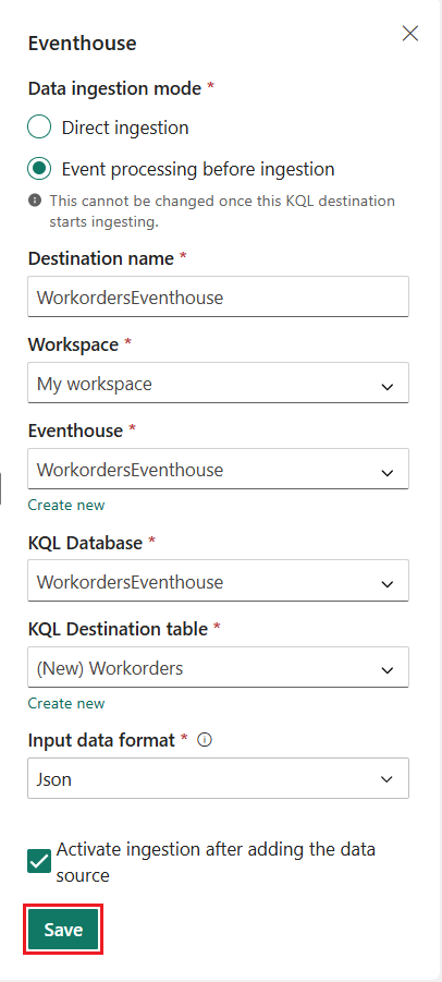 Et skjermbilde som viser Eventhouse destinasjonskonfigurasjonspanel som viser datainntaksmodus med hendelsesbehandling før inntasting valgt, destinasjonsnavn satt til WorkordersEventhouse, arbeidsområde-nedtrekksmeny som viser mitt arbeidsområde, Eventhouse-nedtrekksmeny som viser arbeidsordrerEventhouse med opprett ny lenke, KQL-databasenedtrekksmeny som viser arbeidsordrerEventhouse, KQL destinasjonstabell som viser nye arbeidsordrerEventhouse med Opprett ny lenke, aktiver inntasting etter å ha lagt til avkrysningsboksen for datakilden sjekket, og en grønn Lagre-knapp nederst.