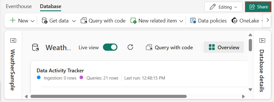 skjermbilde som viser Del-knappen øverst til høyre på skjermen.