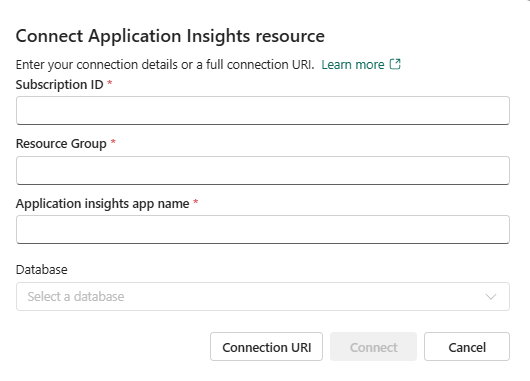 Skjermbilde av tilkoblingsvinduet som viser en Azure Monitor URI. Koble til klynge-knappen er uthevet.