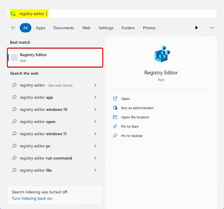 Screenshot that shows Registry Editor on the Start menu.