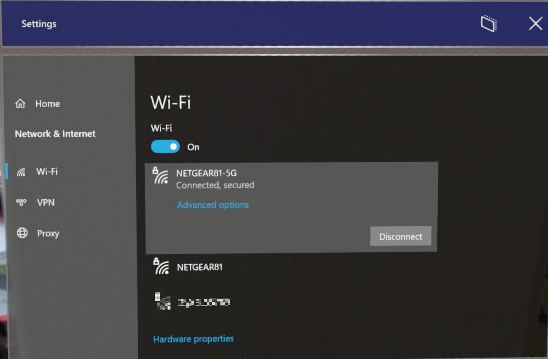 HoloLens Wi-Fi settings.