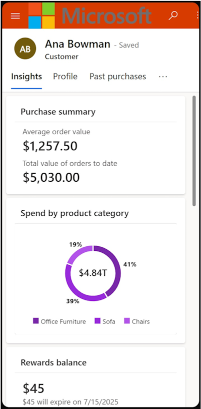 The image shows the insights tab of the customer baseball card profile.
