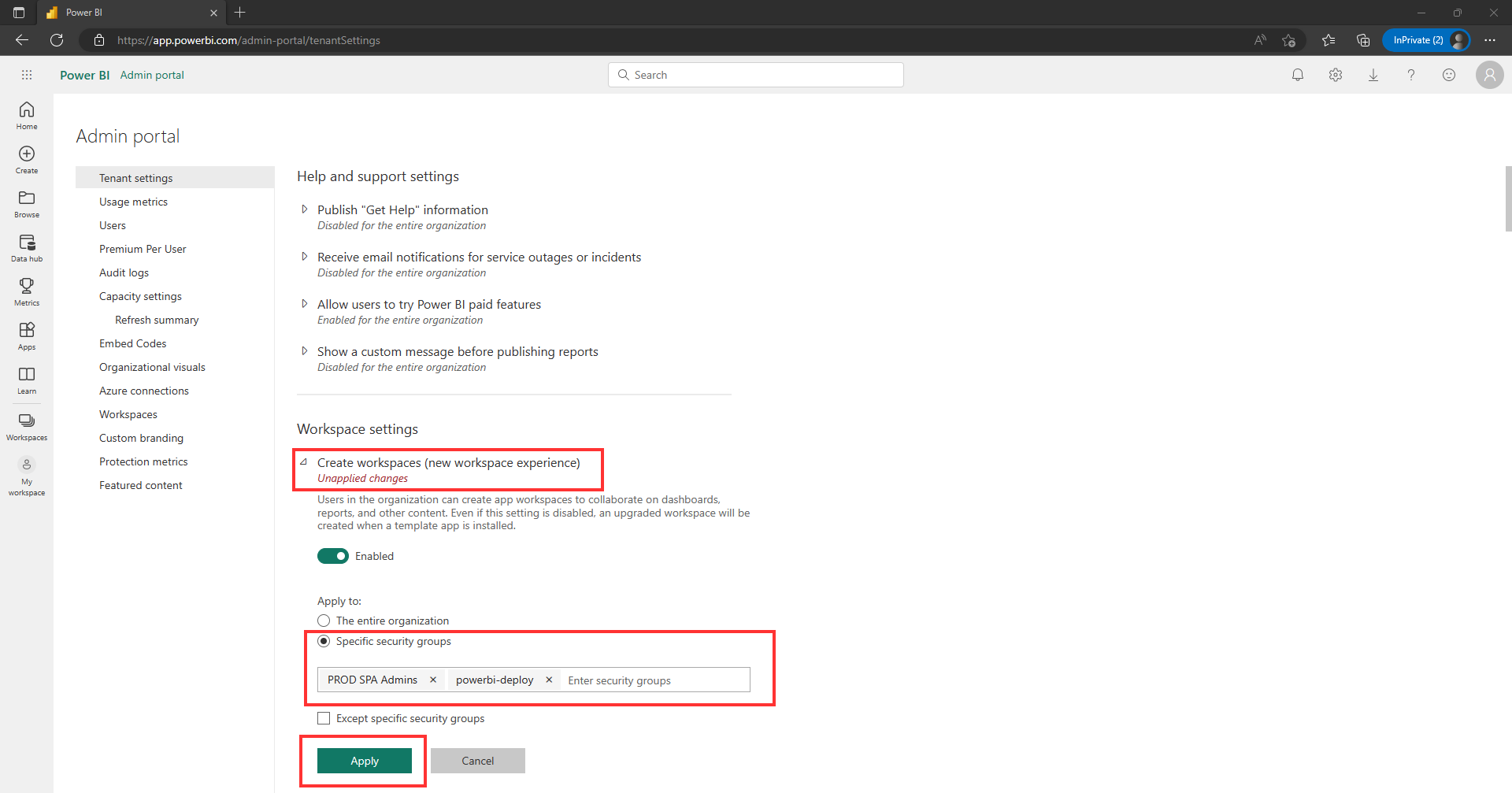 The image shows how to enable workspace for a specific security group.