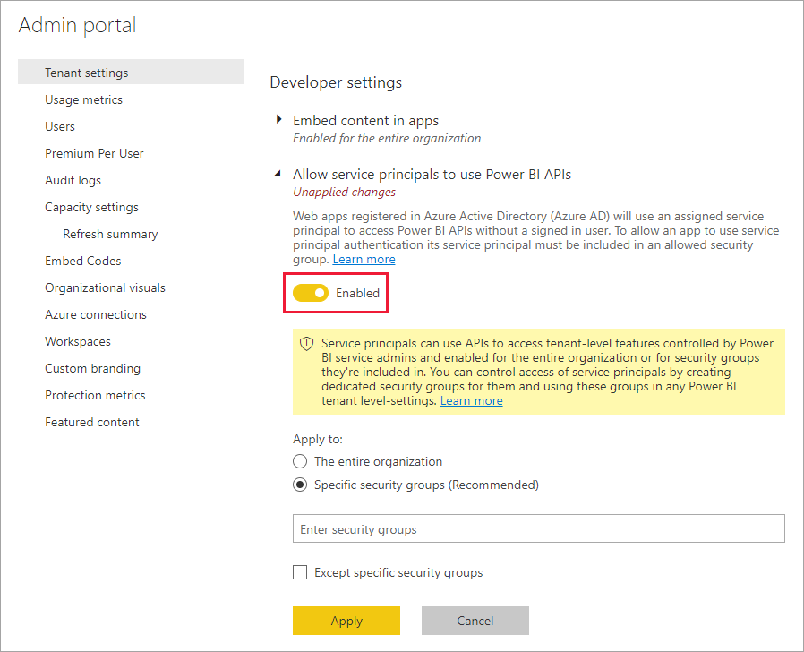 The image shows how to allow service principals to use Power BI APIs.