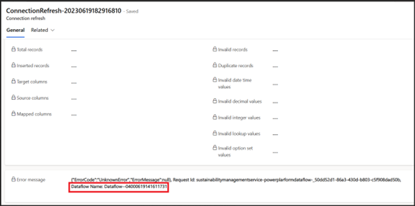 Skjermbilde av dataflytnavnet i Feilmelding-feltet for en mislykket dataimport.