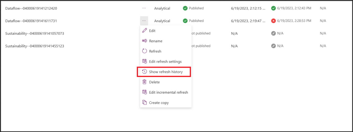 Skjermbilde som viser hvordan du velger Vis oppdateringslogg for en mislykket dataflyt for dataimport i Power Apps-portalen.
