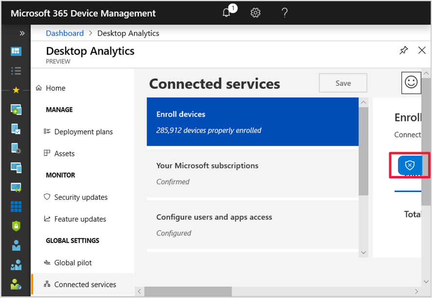 Screenshot of data currency flyout tab in Desktop Analytics portal