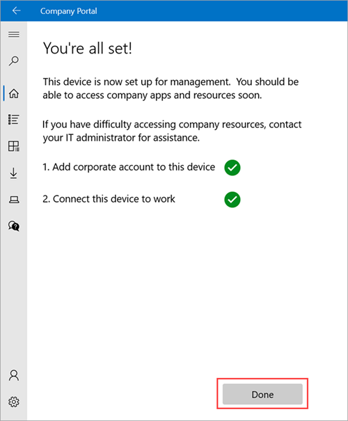 Example image of Company Portal > You're all set screen, highlighting the Done button.