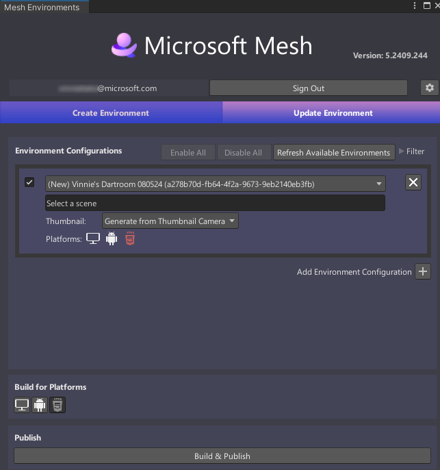 A screenshort of the Mesh Uploader window on the Update Environment tab