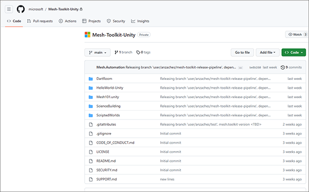 A screen of the Mesh Toolkit Unity repository on Github.