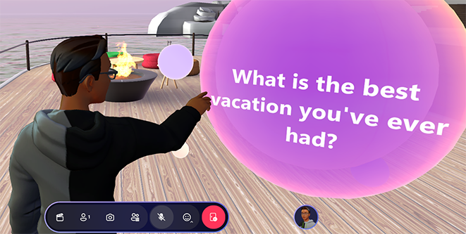 A screen shot of a Mesh attendee touching an ice breaker sphere and generating a question.