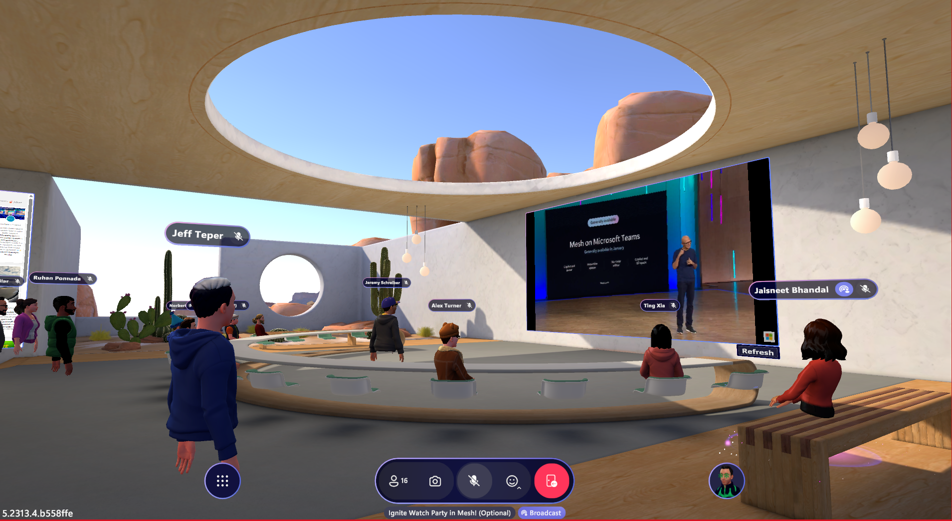 A screen shot of a Mesh event with attendees watching a live stream of the Microsoft Ignite event.