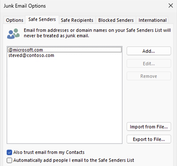 Screenshot that shows the Junk Email Options dialog box with the Safe Senders tab together with the Export to File button.