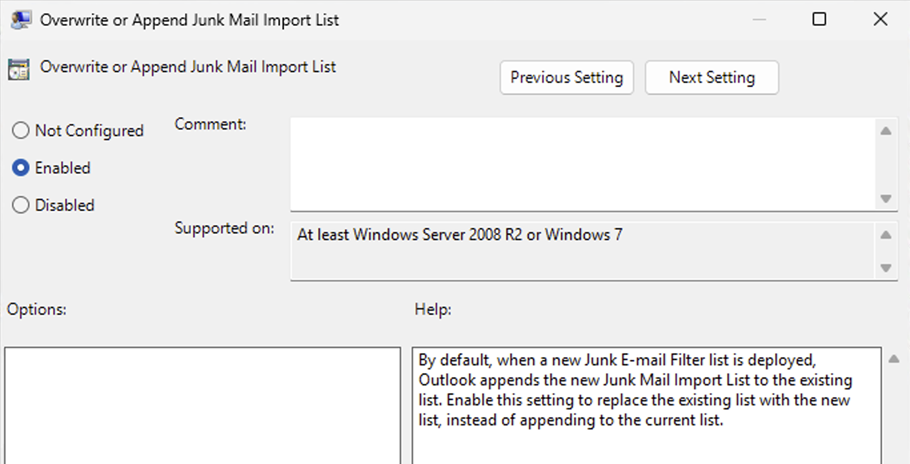 Screenshot that shows the Overwrite or Append Junk Mail Import List dialog box.