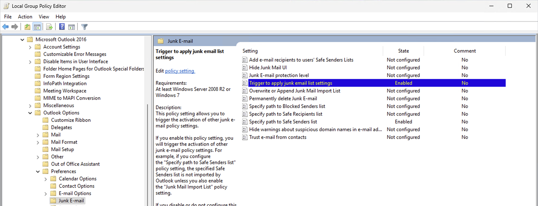 Screenshot that shows the trigger to apply junk email list settings.