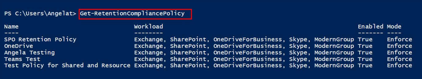 List of retention policies in PowerShell.
