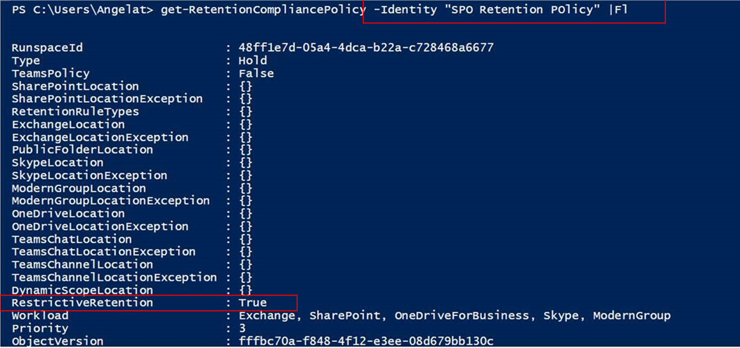 Locked policy with all parameters shown in PowerShell.