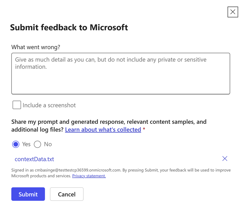 Screenshot of Microsoft 365 Copilot feedback in the text box
