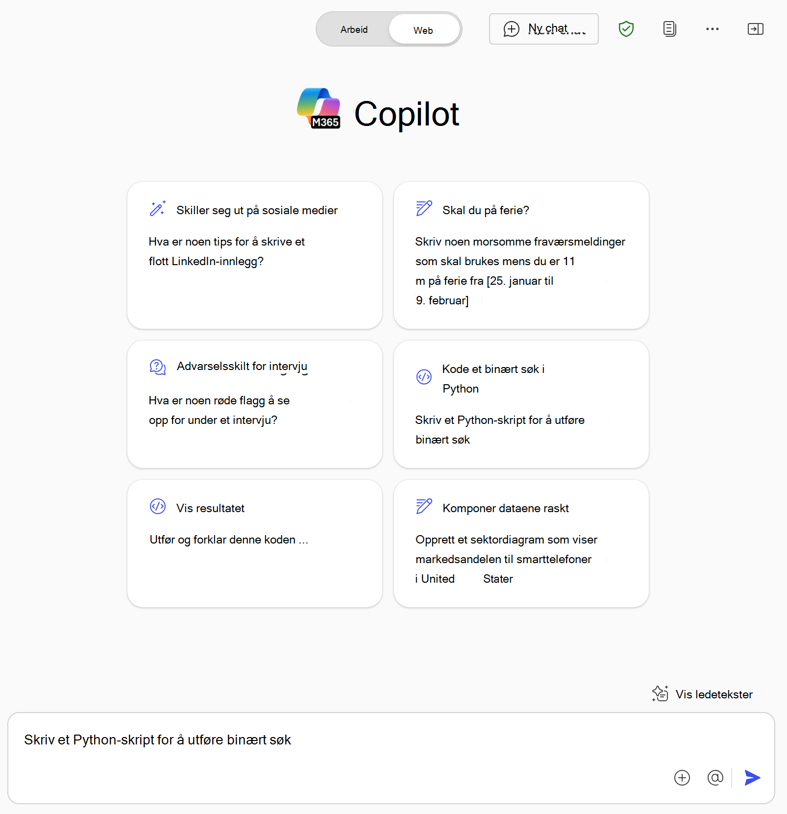 Skjermbilde som viser Microsoft 365 Copilot og eksempelmeldinger som får informasjon fra Internett med nettbasert chat.