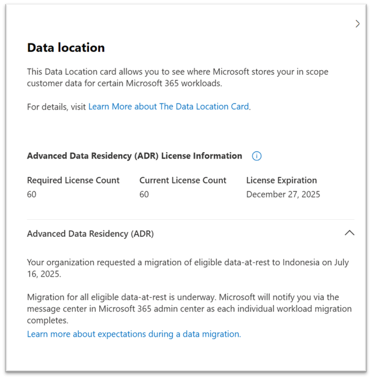 Skjermbilde av dataplasseringsvisning etter at overføringen er valgt.