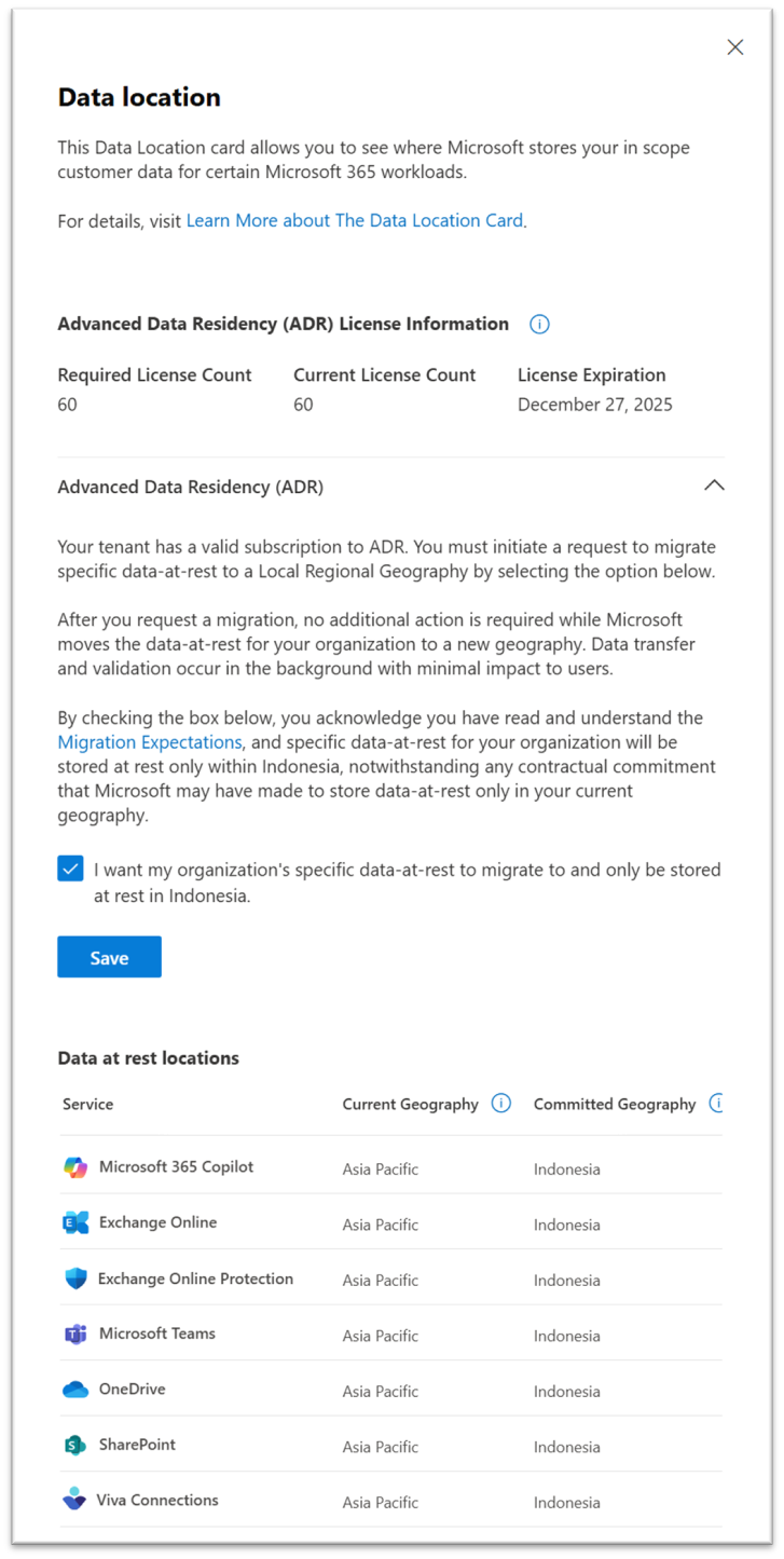 Skjermbilde av dataplasseringsvisning før overføring er påmelding.