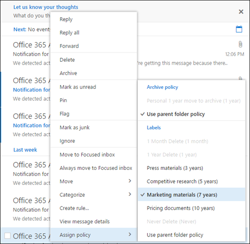 Tilordne policymeny i Outlook på nettet.