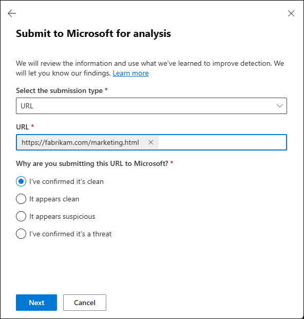 Send inn en falsk positiv (god) NETTADRESSE til Microsoft for analyse på innsendingssiden i Defender-portalen.