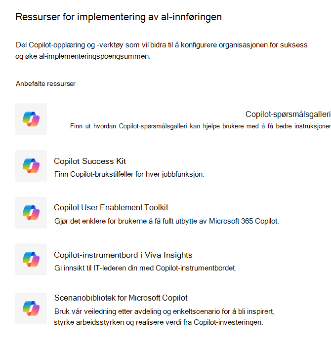 Skjermbilde som viser listen over ressurser du kan velge for Copilot-innføring.