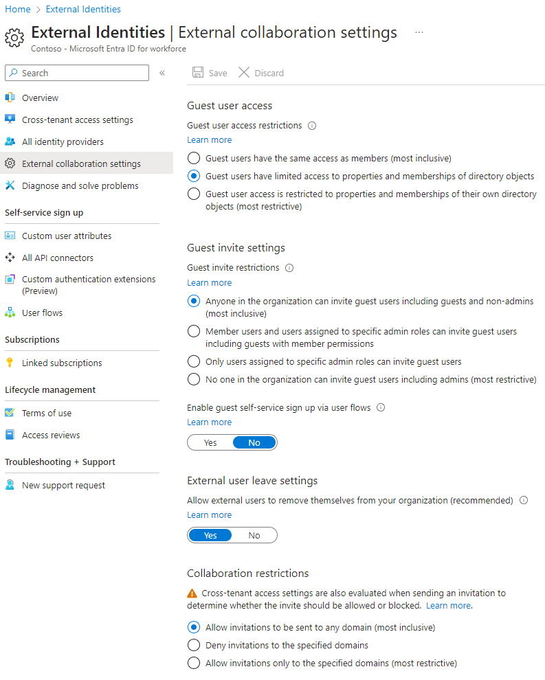 Skjermbilde av siden Microsoft Entra innstillinger for eksternt samarbeid.