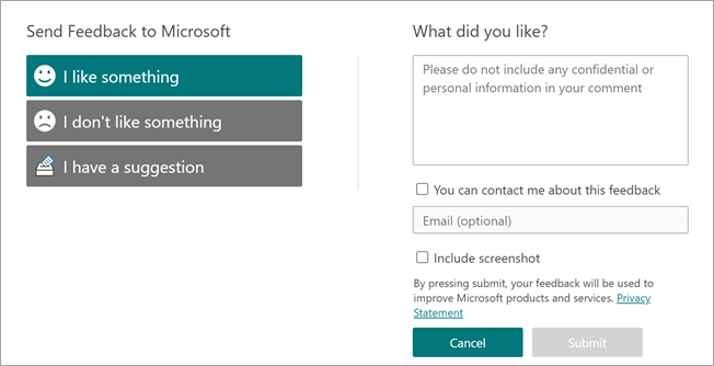 Skjermbilde som viser siden Send tilbakemelding til Microsoft.