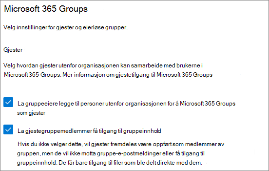 Skjermbilde av Microsoft 365 Groups gjesteinnstillinger i Administrasjonssenter for Microsoft 365.
