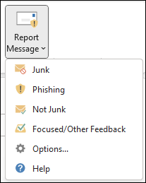 Velg en melding i Søppelpost-mappen, og velg deretter Rapportmelding-knappen på det klassiske båndet i Outlook.