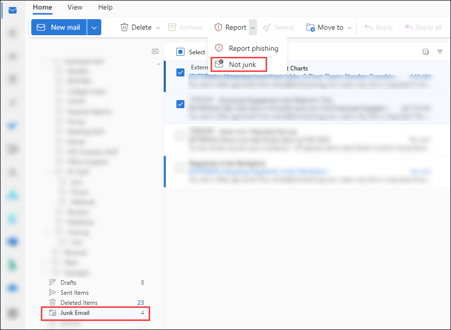 Resultatene av å velge Rapport-knappen etter at du har valgt flere meldinger i Søppelpost-mappen i Outlook på nettet.