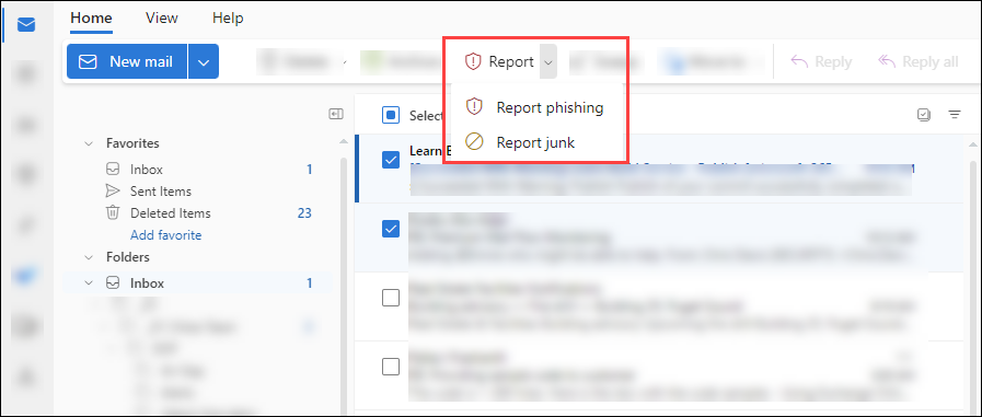 Resultatene av å velge Rapport-knappen etter at du har valgt flere meldinger i Outlook på nettet.