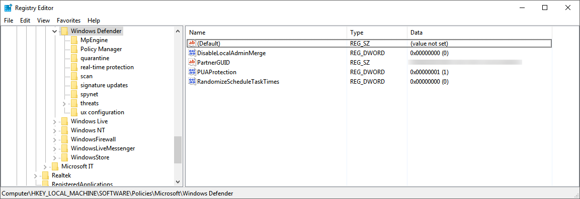 Registernøkkelen for Microsoft Defender Antivirus