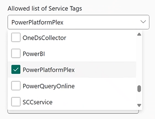 Skjermbilde av valgmenyen for tjenestetag når du konfigurerer en Power Platform-brannmur.