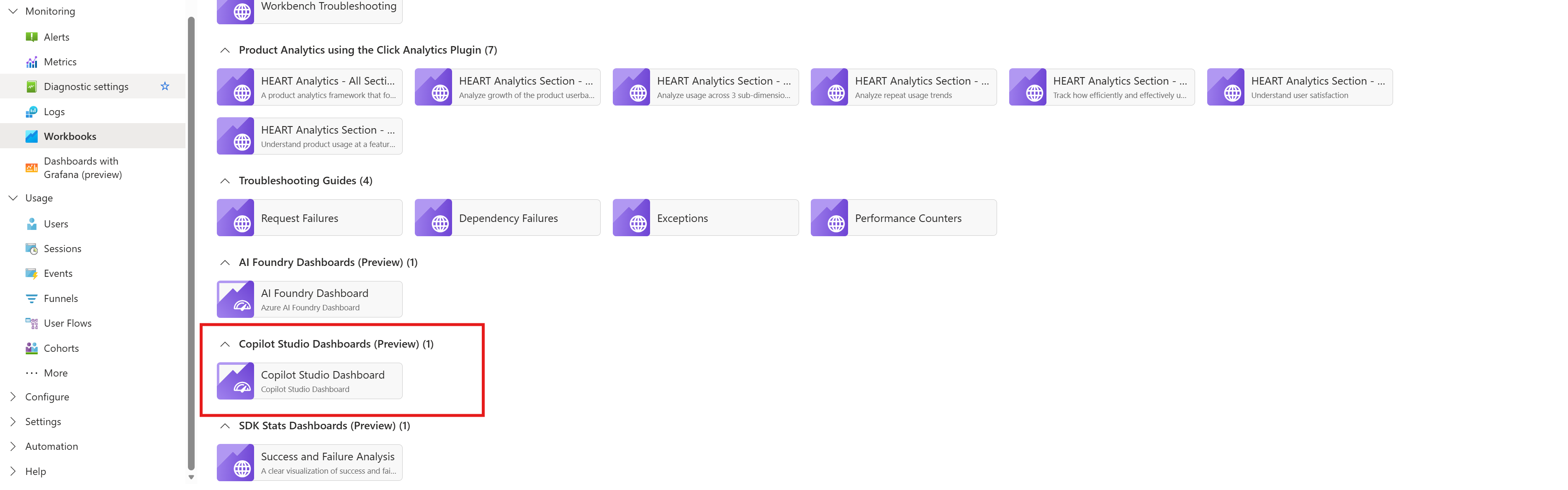 Skjermbilde av Application Insights-arbeidsbokgalleriet.
