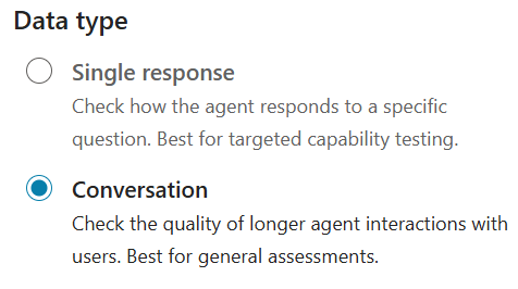 Skjermbilde som viser samtalealternativet som er valgt for oppretting av testsett.