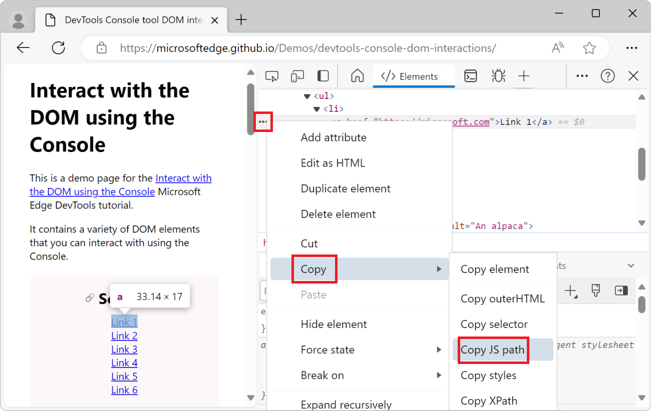 The Copy JS Path menu item in the Elements tool