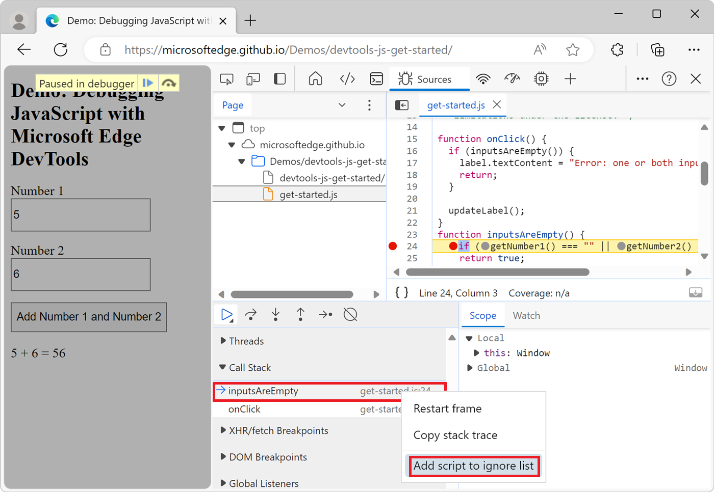 Adding a script to the Ignore List from the Call Stack pane