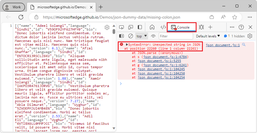 Invalid JSON, highlighted by not formatted, with a syntax error displayed in the Console tool