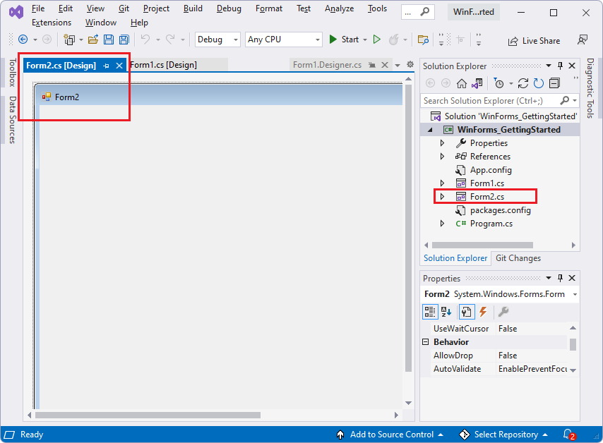 The added form, Form2.cs, in the Form Designer and in Solution Explorer