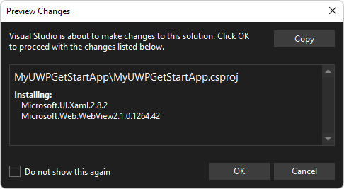 The 'Preview Changes' dialog for installing the Microsoft.UI.Xaml package