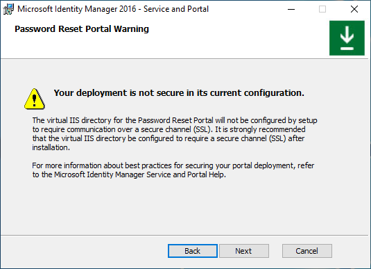 Password Reset portal warning message screen image